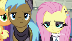 Size: 1280x720 | Tagged: safe, screencap, character:applejack, character:fluttershy, character:neigh sayer, episode:fake it 'til you make it, fluttergoth, goth