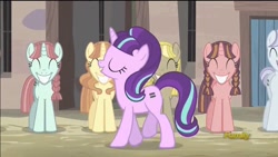 Size: 1024x576 | Tagged: safe, screencap, character:ivy vine, character:offbeat, character:starlight glimmer, species:pony, species:unicorn, episode:the cutie map, g4, my little pony: friendship is magic, amber tresses, background pony, bacon braids, braid, cult, equal cutie mark, equalized mane, eyes closed, fake smile, female, in our town, mare, our town, s5 starlight