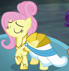 Size: 950x980 | Tagged: safe, screencap, character:fluttershy, species:pony, episode:fake it 'til you make it, clothing, cropped, dress, eyes closed, rarity for you, solo focus, warrior of inner strength, warriorshy