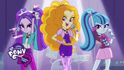 Size: 1920x1080 | Tagged: safe, screencap, character:adagio dazzle, character:aria blaze, character:sonata dusk, equestria girls:rainbow rocks, g4, my little pony:equestria girls, equestria girls logo, looking at you, my little pony logo, singing, the dazzlings, under our spell, youtube thumbnail