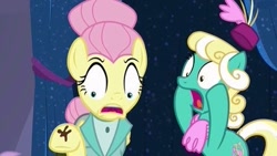 Size: 427x240 | Tagged: safe, screencap, character:fluttershy, species:earth pony, species:pony, episode:fake it 'til you make it, background pony, clothing, curtains, female, hat, honey curls, mare, mare e. lynn, severeshy, shocked, stain, suit