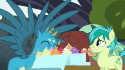 Size: 1280x720 | Tagged: safe, screencap, character:gallus, character:ocellus, character:sandbar, character:smolder, character:yona, species:changeling, species:dragon, species:earth pony, species:griffon, species:pony, species:reformed changeling, species:yak, episode:school daze, g4, my little pony: friendship is magic, animated, cart, comfy, cupcake, cute, diaocelles, eating, everfree forest, eyes closed, flying, food, grin, on back, open mouth, pillow, pillow fight, resting, smiling, sound, talking, webm