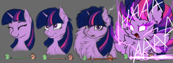 Size: 1658x601 | Tagged: safe, artist:hunternif, artist:pony-way, derpibooru original, character:twilight sparkle, character:twilight sparkle (alicorn), species:alicorn, species:pony, aaaaaaaaaa, aura, bust, cheek fluff, chest fluff, confused, cute, ear fluff, excessive fluff, eyes closed, female, fluffy, frown, glowing eyes, gray background, lightning, looking up, magic, mare, maximum overfloof, messy mane, neck fluff, open mouth, simple background, smiling, solo, spread wings, static electricity, super saiyan, super saiyan princess, wat, wide eyes, wing fluff, wings, yelling