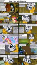 Size: 1282x2233 | Tagged: safe, screencap, character:apple bloom, character:lotus blossom, character:zecora, species:earth pony, species:pony, species:zebra, comic:celestia's servant interview, caption, comic, female, filly, interview, mare