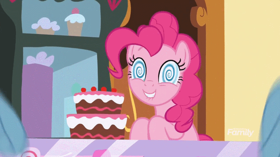 Size: 914x515 | Tagged: safe, screencap, character:pinkie pie, species:earth pony, species:pegasus, species:pony, episode:grannies gone wild, g4, my little pony: friendship is magic, animated, cake, dizzy, female, food, grin, hypnosis, lip bite, mare, portal (valve), smiling, solo focus, swirly eyes, the cake is a lie, tripping balls, wingding eyes