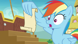 Size: 1920x1080 | Tagged: safe, screencap, character:rainbow dash, species:pegasus, species:pony, episode:grannies gone wild, g4, my little pony: friendship is magic, female, gasp, mare, meme origin, meme template, rainbow dash reading a scroll, reaction image, shocked, solo, what the fuck am i reading, wing hands, wing hold