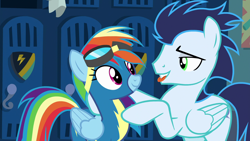 Size: 1920x1080 | Tagged: safe, screencap, character:rainbow dash, character:soarin', species:pegasus, species:pony, episode:grannies gone wild, g4, my little pony: friendship is magic, clothing, duo, female, goggles, locker room, male, mare, out of context, stallion, tongue out, uniform, wonderbolts uniform