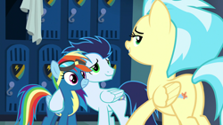 Size: 1920x1080 | Tagged: safe, screencap, character:misty fly, character:rainbow dash, character:soarin', species:pegasus, species:pony, episode:grannies gone wild, g4, my little pony: friendship is magic, clothing, female, goggles, locker room, male, mare, plot, stallion, trio, uniform, wonderbolts uniform