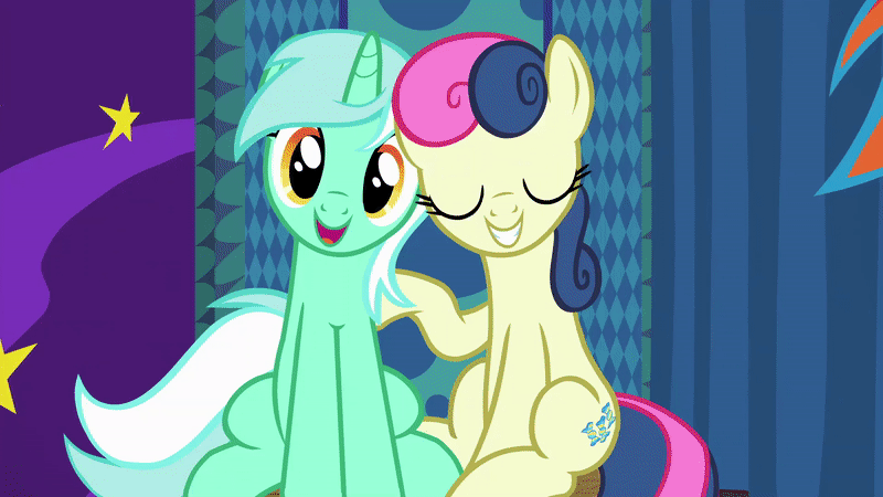 Size: 800x450 | Tagged: safe, screencap, character:bon bon, character:lyra heartstrings, character:rainbow dash, character:sweetie drops, species:earth pony, species:pony, species:unicorn, episode:grannies gone wild, g4, my little pony: friendship is magic, adorabon, animated, best friends, cute, dashabetes, female, grin, head tilt, looking at you, lyrabetes, mare, open mouth, photobomb, raised hoof, shipping fuel, sitting, smiling, squee