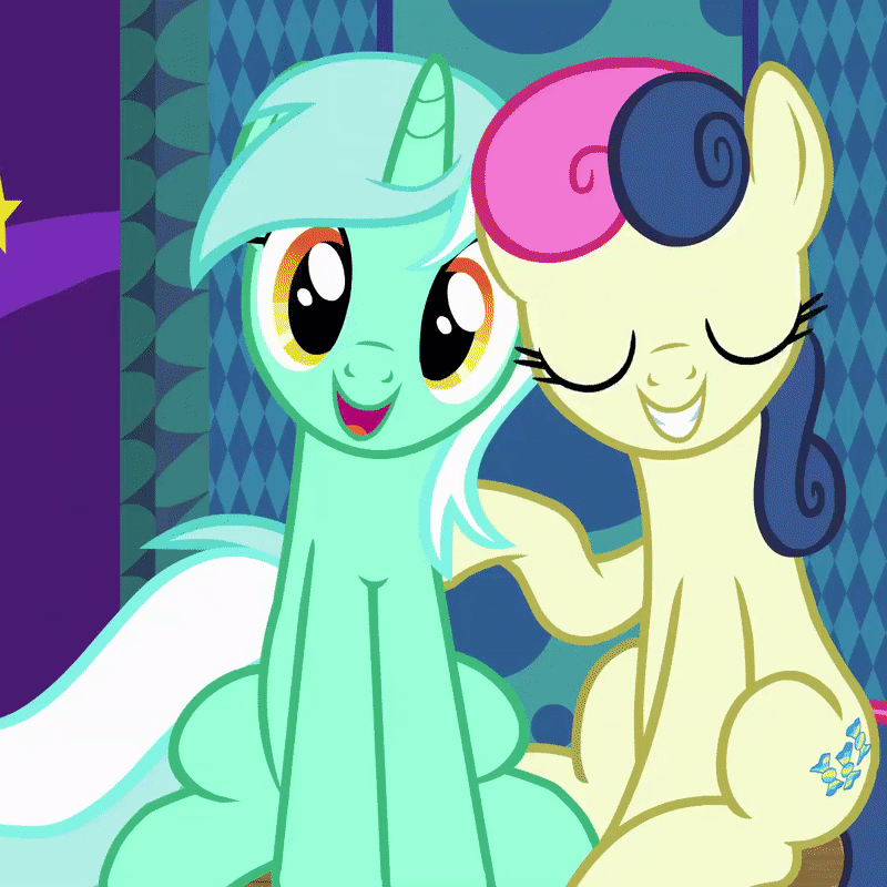 Size: 800x800 | Tagged: safe, screencap, character:bon bon, character:lyra heartstrings, character:rainbow dash, character:sweetie drops, species:earth pony, species:pony, species:unicorn, episode:grannies gone wild, g4, my little pony: friendship is magic, adorabon, animated, best friends, cropped, cute, dashabetes, female, grin, head tilt, looking at you, lyrabetes, mare, open mouth, photobomb, raised hoof, shipping fuel, sitting, smiling, squee