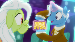 Size: 1920x1080 | Tagged: safe, screencap, character:granny smith, character:jack pot, species:earth pony, species:pony, species:unicorn, episode:grannies gone wild, g4, my little pony: friendship is magic, clothing, duo, female, glowing horn, loose hair, magic, male, mare, stallion, suit, telekinesis, ticket