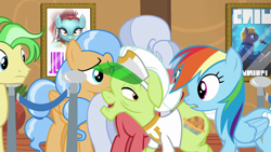 Size: 1280x720 | Tagged: safe, screencap, character:dusty swift, character:granny smith, character:rainbow dash, character:silver waves, species:earth pony, species:pegasus, species:pony, episode:grannies gone wild, g4, my little pony: friendship is magic, background pony, clothing, duo focus, elton john, las pegasus resident, saturn (character), shirt, t-shirt, visor