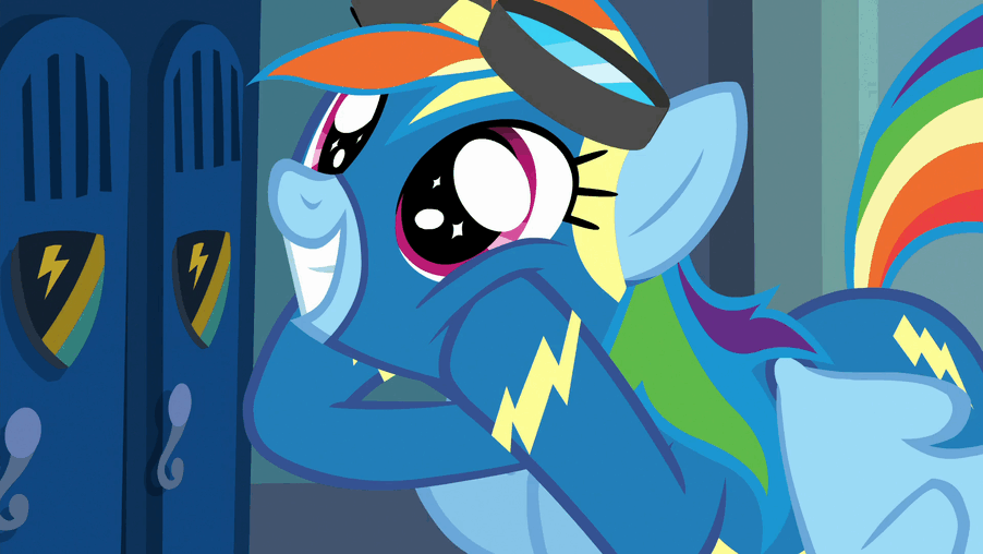 Size: 902x508 | Tagged: safe, screencap, character:rainbow dash, episode:grannies gone wild, g4, my little pony: friendship is magic, animated, clothing, cute, dashabetes, eye shimmer, gif, goggles, happy, rainbow dash is best facemaker, starry eyes, uniform, wingding eyes, wonderbolts uniform