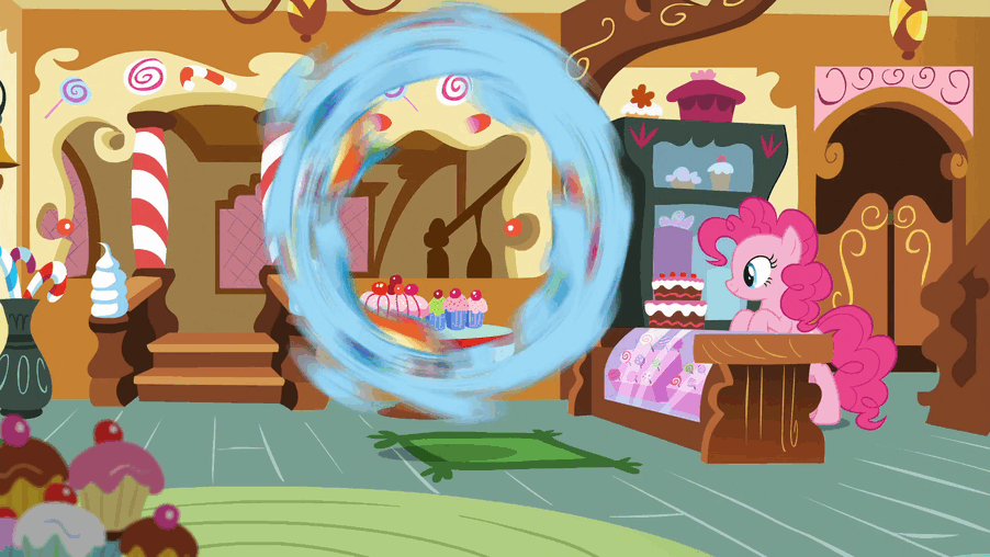 Size: 902x508 | Tagged: safe, screencap, character:pinkie pie, character:rainbow dash, episode:grannies gone wild, g4, my little pony: friendship is magic, animated, flying, gif, good trick, loop, spinning
