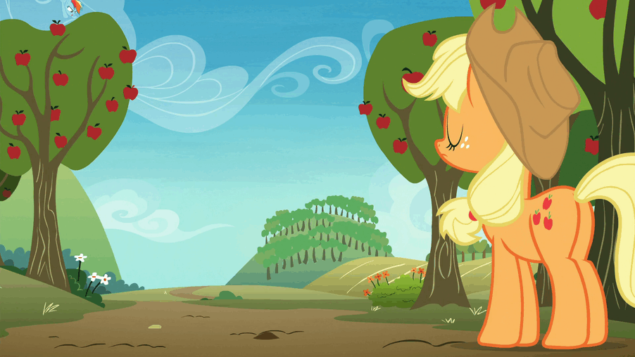Size: 902x508 | Tagged: safe, screencap, character:applejack, character:rainbow dash, episode:grannies gone wild, g4, my little pony: friendship is magic, animated, apple tree, flying, gif, kicking up dirt, landing, lip bite, lithobraking, one eye closed, shielding face, tree