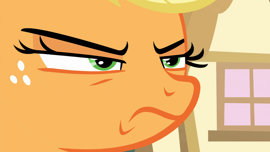 Size: 902x508 | Tagged: safe, screencap, character:applejack, episode:grannies gone wild, g4, my little pony: friendship is magic, animated, close-up, gif, narrowed eyes, solo