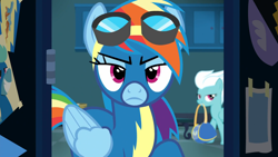 Size: 1920x1080 | Tagged: safe, screencap, character:fleetfoot, character:rainbow dash, species:pegasus, species:pony, episode:grannies gone wild, g4, my little pony: friendship is magic, annoyed, clothing, duffle bag, female, goggles, mare, mouth hold, solo focus, uniform, wonderbolts uniform