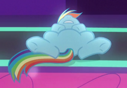 Size: 339x233 | Tagged: safe, screencap, character:rainbow dash, species:pegasus, species:pony, episode:grannies gone wild, g4, my little pony: friendship is magic, cropped, featureless crotch, female, mare, on back, solo