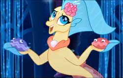 Size: 849x540 | Tagged: safe, screencap, character:princess skystar, species:seapony (g4), my little pony: the movie (2017), cropped, female, seashell, shelldon, shelly, smiling