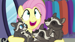 Size: 1920x1080 | Tagged: safe, screencap, character:fluttershy, species:pony, episode:fake it 'til you make it, cute, hug, raccoon, regular show, rigby, smoky, smoky jr., softpad
