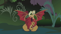 Size: 1280x720 | Tagged: safe, screencap, character:applejack, species:earth pony, species:pony, episode:friendship is magic, g4, my little pony: friendship is magic, duo, female, manny roar, manticore, mare, ponies riding cats, riding, spread wings, wings