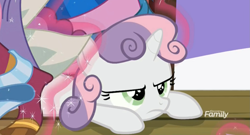 Size: 1649x888 | Tagged: safe, screencap, character:sweetie belle, species:pony, species:unicorn, episode:surf and/or turf, g4, my little pony: friendship is magic, fabric, grumpy belle, solo