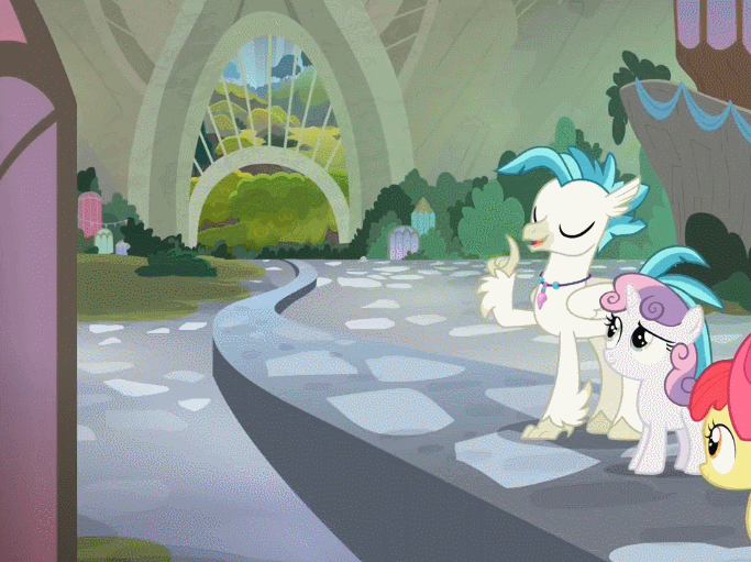 Size: 683x511 | Tagged: safe, screencap, character:apple bloom, character:sweetie belle, character:terramar, species:classical hippogriff, species:hippogriff, species:pony, episode:surf and/or turf, g4, my little pony: friendship is magic, animated, arch, fast, gotta go fast, nyoom, speedy belle