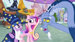 Size: 1920x1080 | Tagged: safe, screencap, character:discord, character:princess cadance, character:twilight sparkle, character:twilight sparkle (alicorn), species:alicorn, species:pony, episode:three's a crowd, g4, my little pony: friendship is magic, blue flu, clothing, costume, crown, jewelry, ponyville, regalia, sick, star swirl the bearded costume