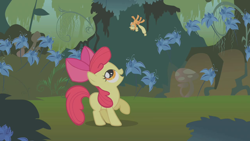 Size: 1280x720 | Tagged: safe, screencap, character:apple bloom, character:applejack, species:pony, episode:bridle gossip, g4, my little pony: friendship is magic, appletini, duo, everfree forest, female, filly, mare, micro, poison joke, raised hoof, sisters, toss