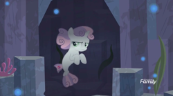 Size: 1440x800 | Tagged: safe, screencap, character:sweetie belle, species:seapony (g4), episode:surf and/or turf, g4, my little pony: friendship is magic, brooding, cave, female, filly, grumpy belle, sea-mcs, seaponified, seapony sweetie belle, solo, species swap, underwater