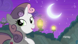 Size: 1280x720 | Tagged: safe, screencap, character:sweetie belle, species:pony, species:unicorn, episode:surf and/or turf, g4, my little pony: friendship is magic, crescent moon, cute, female, filly, moon, moonlight, night, raised hoof, solo, your heart is in two places