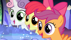 Size: 1920x1080 | Tagged: safe, screencap, character:apple bloom, character:scootaloo, character:sweetie belle, species:earth pony, species:pegasus, species:pony, species:unicorn, episode:surf and/or turf, g4, my little pony: friendship is magic, adorabloom, cute, cutealoo, cutie mark crusaders, diasweetes, female, filly, mare, open mouth, wide eyes