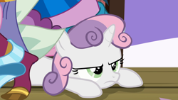 Size: 1920x1080 | Tagged: safe, screencap, character:sweetie belle, species:pony, species:unicorn, episode:surf and/or turf, g4, my little pony: friendship is magic, grumpy belle, prone, solo, sweetie belle is not amused, unamused