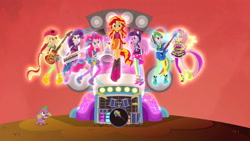 Size: 1920x1080 | Tagged: safe, screencap, character:applejack, character:dj pon-3, character:fluttershy, character:pinkie pie, character:rainbow dash, character:rarity, character:spike, character:sunset shimmer, character:twilight sparkle, character:vinyl scratch, species:dog, equestria girls:rainbow rocks, g4, my little pony:equestria girls, amplifier, bass guitar, bassmobile, drums, electric guitar, floating, guitar, humane five, humane seven, humane six, keytar, mane six, microphone, musical instrument, ponied up, singing, spike the dog, tambourine, welcome to the show
