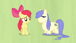 Size: 1152x648 | Tagged: safe, screencap, character:apple bloom, character:shortround, species:earth pony, species:pony, episode:hearts and hooves day, g4, my little pony: friendship is magic, colored hooves, duo, female, filly, green background, male, simple background, stallion, the perfect stallion