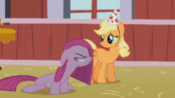 Size: 1280x720 | Tagged: safe, screencap, character:applejack, character:fluttershy, character:pinkamena diane pie, character:pinkie pie, character:rarity, species:earth pony, species:pegasus, species:pony, species:unicorn, episode:party of one, g4, my little pony: friendship is magic, season 1, animated, barn, bgm, clothing, female, hat, music, party hat, sound, thud, webm, why