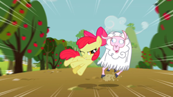 Size: 1280x720 | Tagged: safe, screencap, character:apple bloom, species:earth pony, species:pony, species:sheep, episode:sisterhooves social, g4, my little pony: friendship is magic, apple tree, bow, cloven hooves, duo, female, filly, hair bow, one eye closed, open mouth, running, speed lines, surprised, tackle, tree
