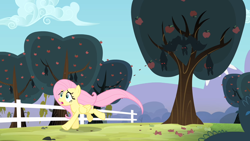 Size: 1280x720 | Tagged: safe, screencap, character:fluttershy, species:bat, species:pegasus, species:pony, episode:bats!, g4, my little pony: friendship is magic, apple orchard, apple tree, bullet seed, female, fence, fruit bat, mare, red eyes, running, running away, spread wings, tree, upside down, vampire fruit bat, wings