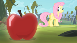 Size: 1280x720 | Tagged: safe, screencap, character:fluttershy, species:pegasus, species:pony, episode:bats!, g4, my little pony: friendship is magic, apple, apple orchard, female, food, looking back, mare, solo, tree