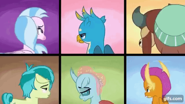Size: 640x360 | Tagged: safe, screencap, character:gallus, character:ocellus, character:sandbar, character:silverstream, character:smolder, character:yona, species:changeling, species:classical hippogriff, species:dragon, species:earth pony, species:griffon, species:hippogriff, species:pony, species:reformed changeling, species:yak, episode:school daze, g4, my little pony: friendship is magic, animated, cloven hooves, dragoness, female, gif, jewelry, male, necklace, school of friendship, student six, teenager