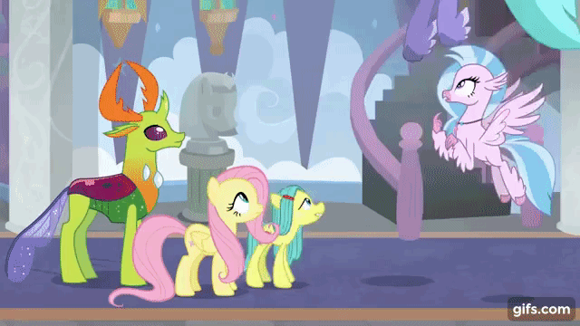 Size: 640x360 | Tagged: safe, screencap, character:ocellus, character:seaspray, character:silverstream, character:thorax, species:changeling, species:classical hippogriff, species:hippogriff, species:pegasus, species:pony, species:reformed changeling, episode:school daze, g4, my little pony: friendship is magic, animated, changeling king, cute, diaocelles, disguise, disguised changeling, female, floppy ears, flying, frown, gif, landing, lidded eyes, looking up, male, mare, nymph, pony ocellus, sad, sadorable, scared, school of friendship, serious, shy, size difference, smiling, spread wings, wide eyes, wings