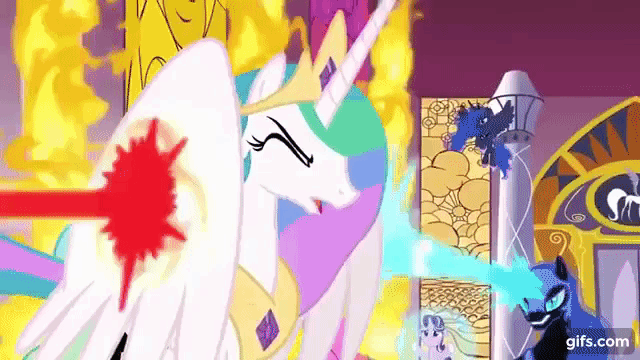 Size: 640x360 | Tagged: safe, screencap, character:daybreaker, character:nightmare moon, character:princess celestia, character:princess luna, character:starlight glimmer, episode:a royal problem, g4, my little pony: friendship is magic, animated, canterlot castle, gif