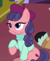 Size: 363x444 | Tagged: safe, screencap, character:raspberry beret, species:earth pony, species:pony, episode:horse play, g4, my little pony: friendship is magic, beauty mark, beret, clothing, cropped, female, hat, mare, raised hoof, sitting, sweater, turtleneck