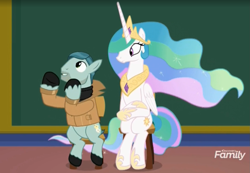 Size: 1455x1007 | Tagged: safe, screencap, character:on stage, character:princess celestia, species:alicorn, species:earth pony, species:pony, episode:horse play, g4, my little pony: friendship is magic, chair, chalkboard, crossed hooves, cute, cutelestia, female, male, sitting