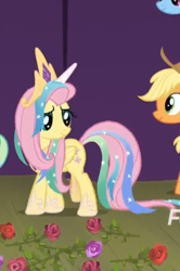 Size: 626x945 | Tagged: safe, screencap, character:fluttershy, character:princess celestia, species:pegasus, species:pony, episode:horse play, g4, my little pony: friendship is magic, celestia costume, celestia's crown, cosplay, costume, cropped, crown, discovery family logo, fake horn, female, flower, jewelry, mare, regalia, rose, shylestia, solo focus