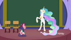 Size: 1920x1080 | Tagged: safe, screencap, character:princess celestia, character:raspberry beret, species:alicorn, species:earth pony, species:pony, episode:horse play, g4, my little pony: friendship is magic, bipedal, chair, charades, discovery family logo, duo, female, mare, stage
