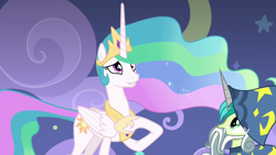 Size: 1920x1080 | Tagged: safe, screencap, character:princess celestia, character:sandbar, species:alicorn, species:pony, episode:horse play, g4, my little pony: friendship is magic, clothing, costume, discovery family logo, duo, ethereal mane, fake beard, fake horn, female, hoof on chest, male, mare, raised hoof, star swirl the bearded costume, teenager