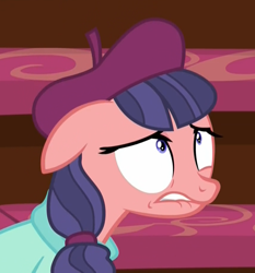 Size: 860x923 | Tagged: safe, screencap, character:raspberry beret, species:pony, episode:horse play, g4, my little pony: friendship is magic, beret, clothing, cropped, female, frantic, frustrated, hat, invisible stallion, lip bite, looking up, mare, nervous, solo