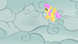Size: 1280x720 | Tagged: safe, screencap, character:sunny rays, species:pegasus, species:pony, episode:look before you sleep, g4, my little pony: friendship is magic, background pony, cloud, cloudy, female, flying, mare, smiling, solo, sunny rays
