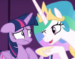 Size: 1360x1080 | Tagged: safe, screencap, character:princess celestia, character:starlight glimmer, character:twilight sparkle, character:twilight sparkle (alicorn), species:alicorn, species:pony, episode:horse play, g4, my little pony: friendship is magic, :s, cropped, gotcha, nervous, one eye closed, pointing, wavy mouth, wink